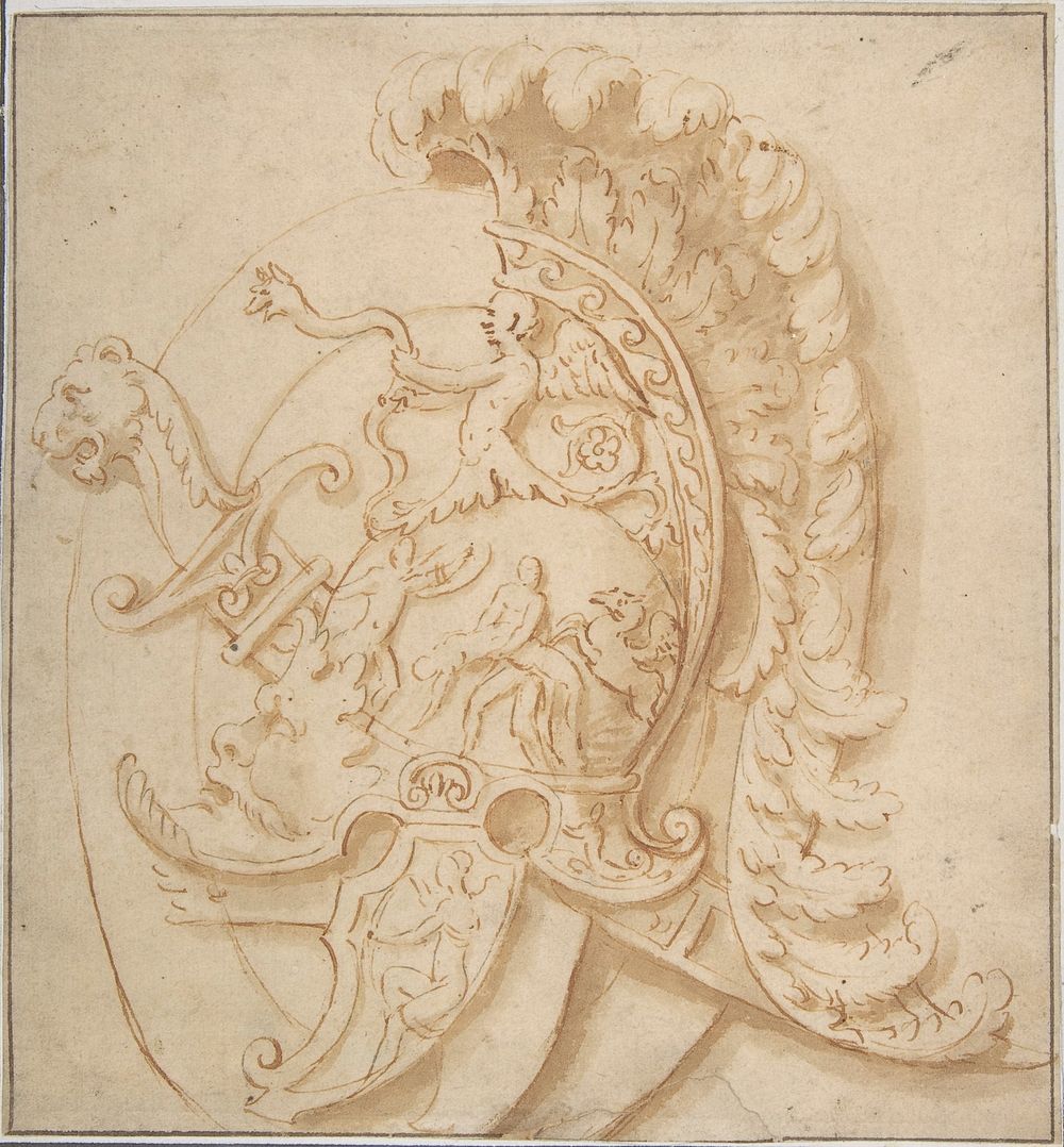 Design for a Trophy with Sword and a Plumed Helmet Decorated with Grotesques Masks, Classical Motifs.