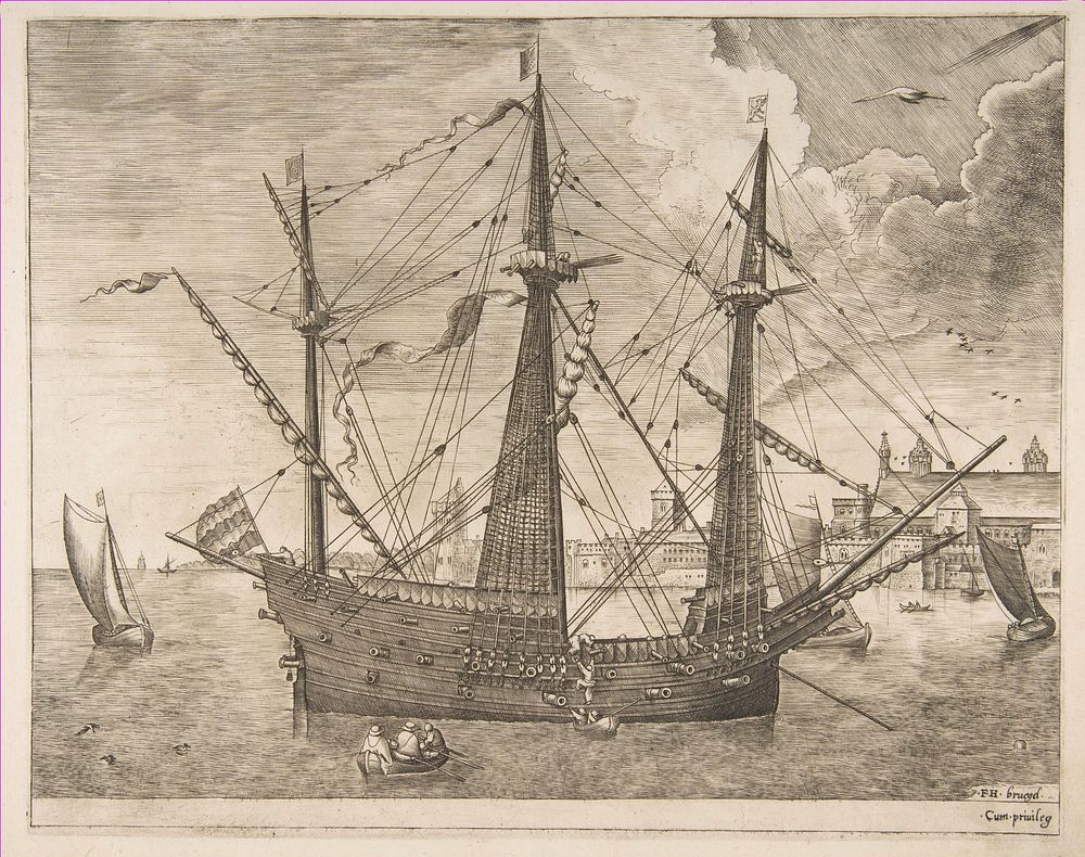 Armed Three-Master Anchored Near a City from The Sailing Vessels by Hieronymus Cock