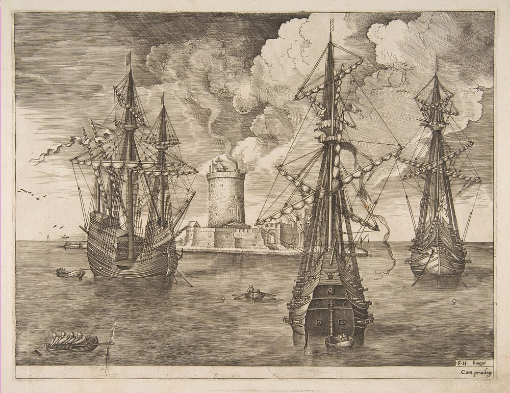 Four-Master (Left) and Two Three-Masters Anchored near a Fortified Island with a Lighthouse from The Sailing Vessels by…