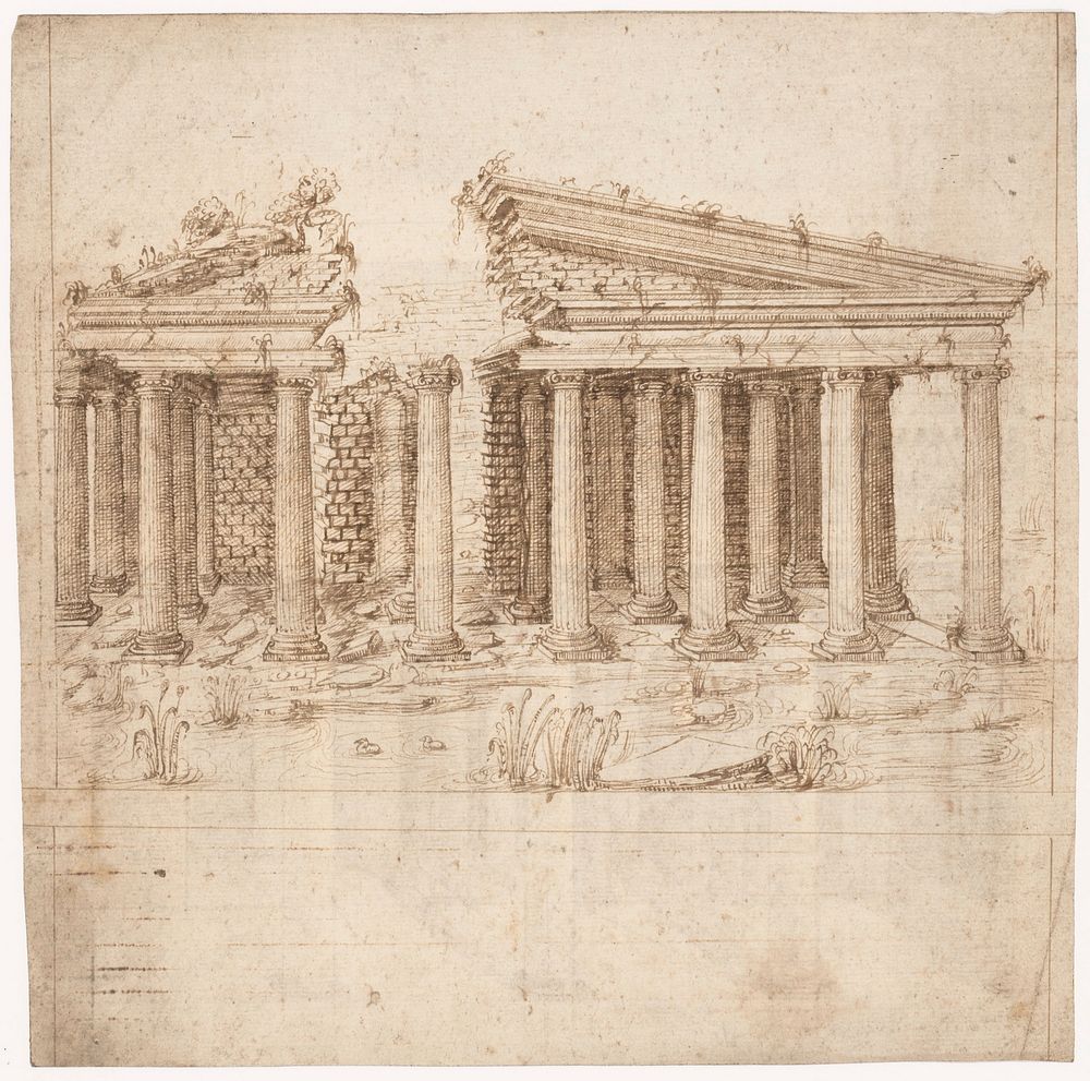 Recto: Front Elevation of a Roman Temple in Ruins (inspired by Giuliano da Sangallo); Verso: Elevation of the Nave of a…