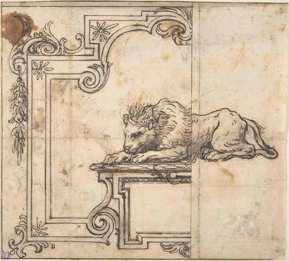 Design for a Frame with Two Compartments and a Crowned Lion, Anonymous, Italian, 17th century