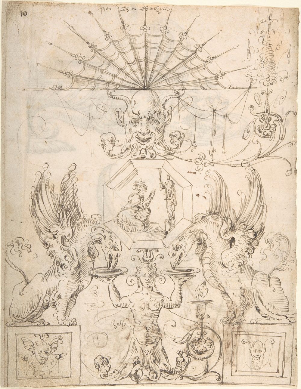 Griffins, female grotesque, mask and figures (recto); two turtle-like creatures and a scene with figures (verso), ?…