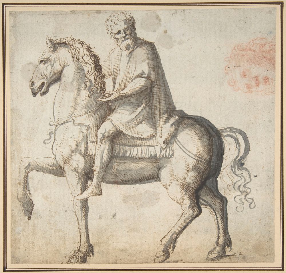 Man on Horseback, Study of a Man's Head (recto); Head of a Young Woman (verso), attributed to Marcello Fogolino
