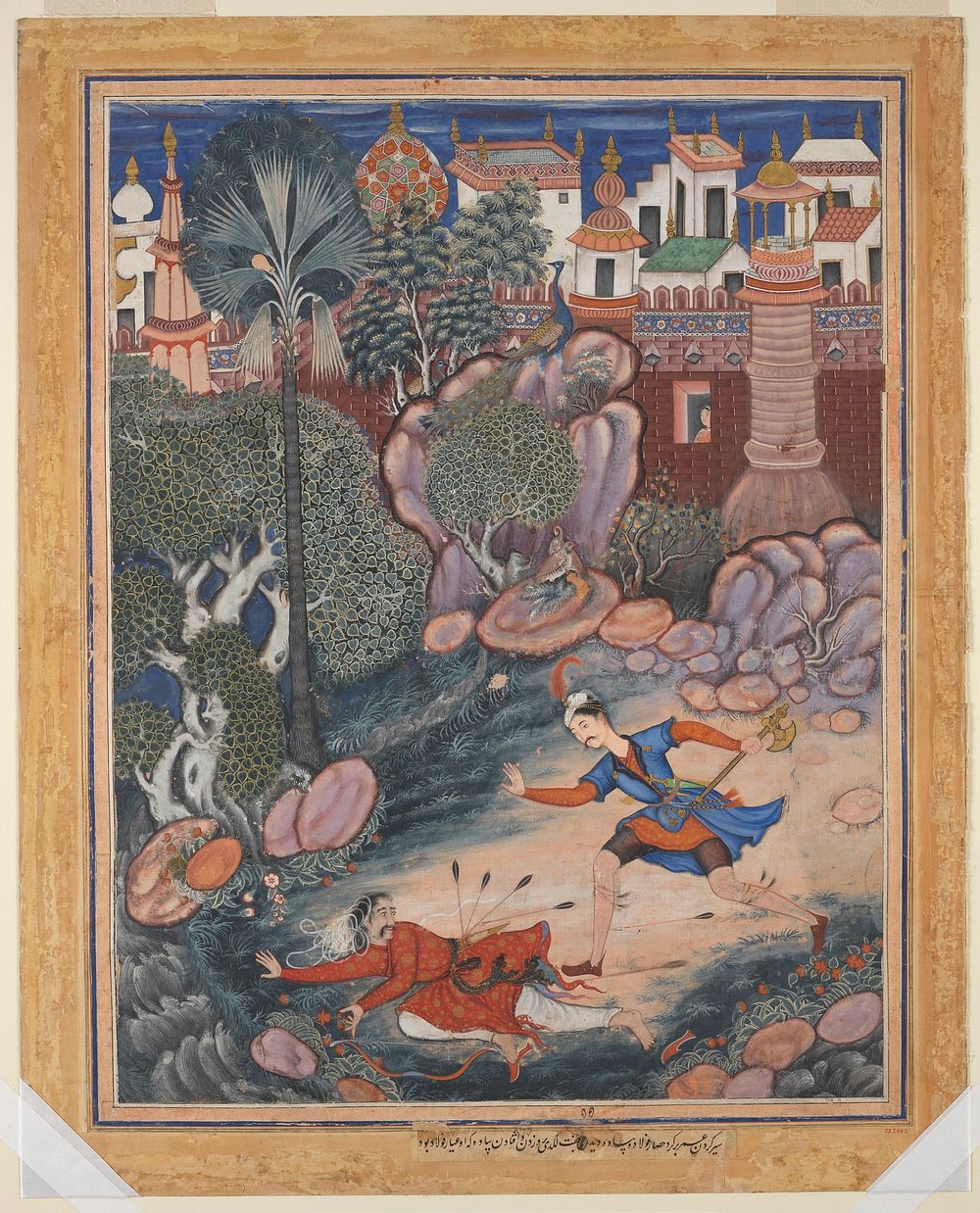 "'Umar Walks around Fulad Castle, Meets a Foot Soldier and Kicks Him to the Ground", Folio from a Hamzanama (The Adventures…