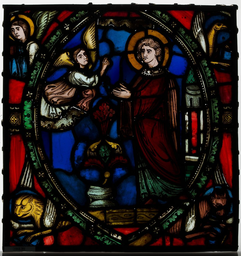 Stained glass fragment with an Angel Appearing to a Deacon Saint with the Symbols of the Four Evangelists