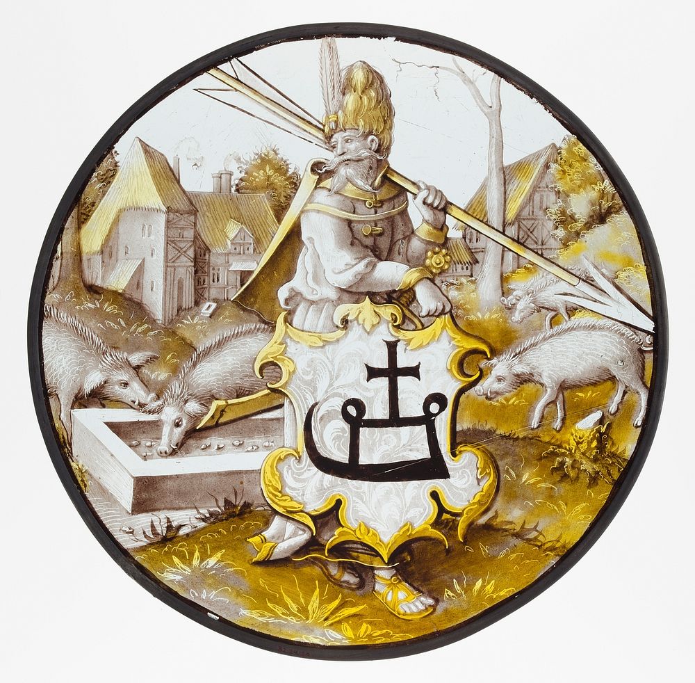 Roundel with Turkish Soldier holding an Arrow and Support, North Netherlandish