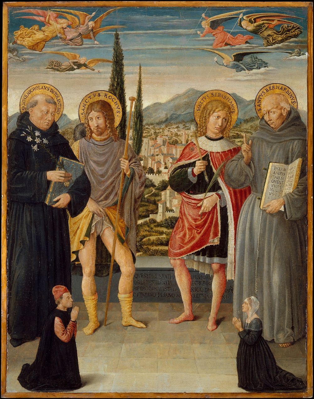 Saints Nicholas of Tolentino, Roch, Sebastian, and Bernardino of Siena, with Kneeling Donors by Benozzo Gozzoli (Benozzo di…
