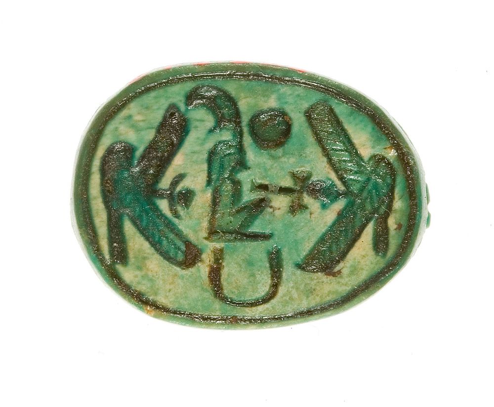 Scarab Inscribed with the Name Maatkare (Hatshepsut) Flanked by Two Falcons, One Proffering an Ankh
