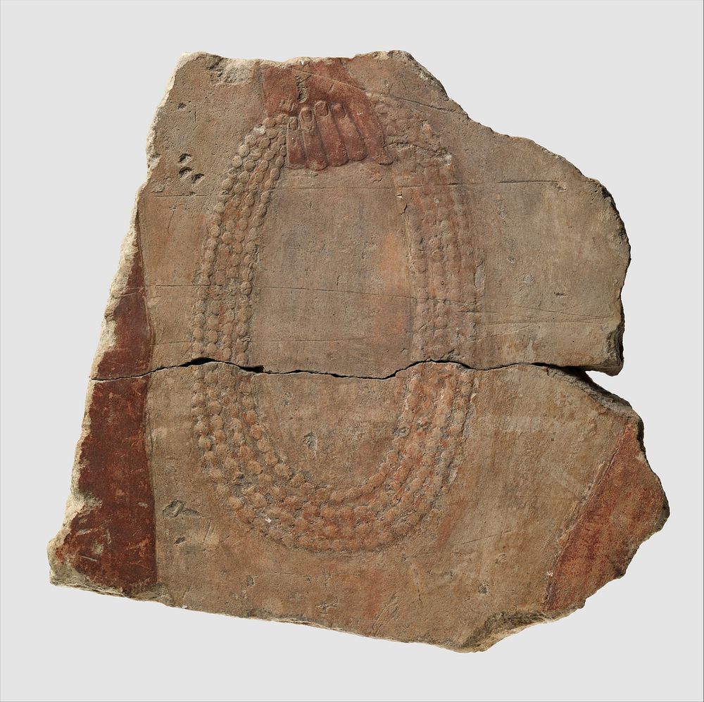 Fragment of a figure holding a multistrand coil of beads, preceded by another individual