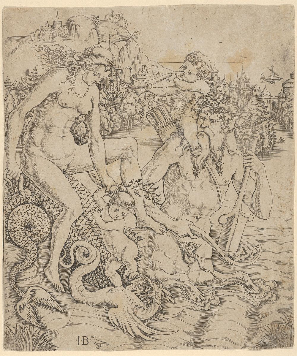 A triton family in the sea, with a mother and child seated on the back of a half-man, half-sea monster with a child blowing…