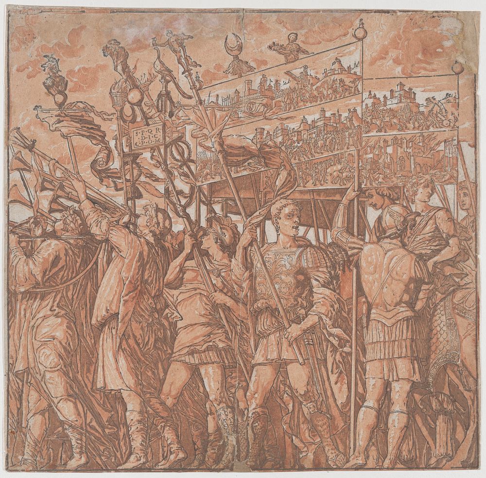 Sheet 1: Roman soldiers carrying banners depicting the triumphant victories of Julius Caesar, from The Triumph of Julius…
