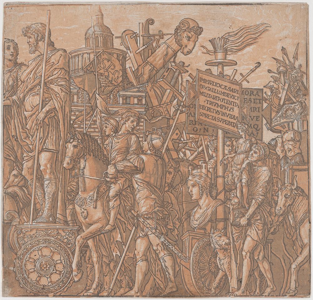Sheet 2: A figure on a triumphal chariot surrounded by figures on horseback, from The Triumph of Julius Caesar by Andrea…