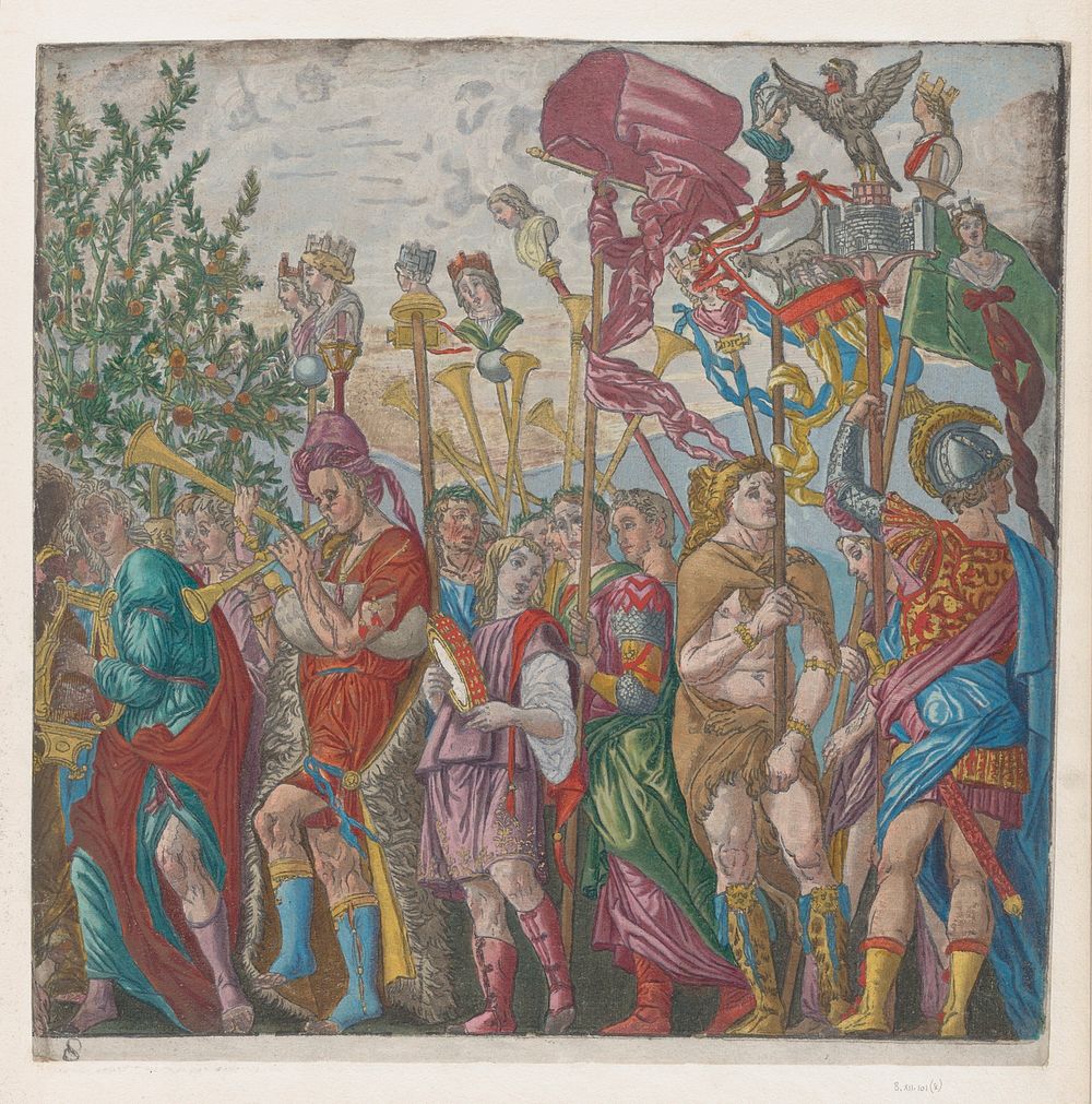 Sheet 7: procession of Musicians and others holding standards, from The Triumph of Julius Caesar by Andrea Andreani…