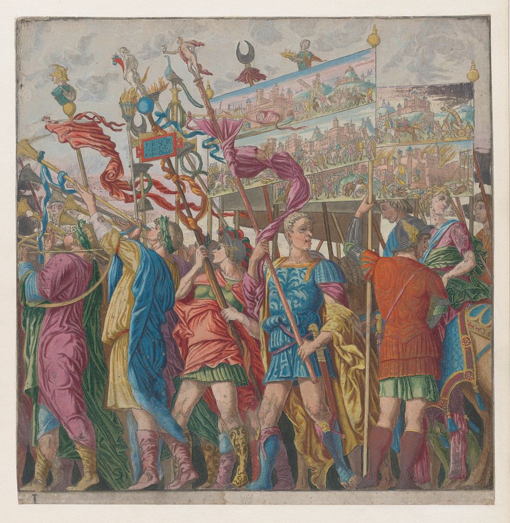 Sheet 1: Soldiers carrying banners depicting Julius Caesar's triumphant military exploits, from The Triumph of Julius…