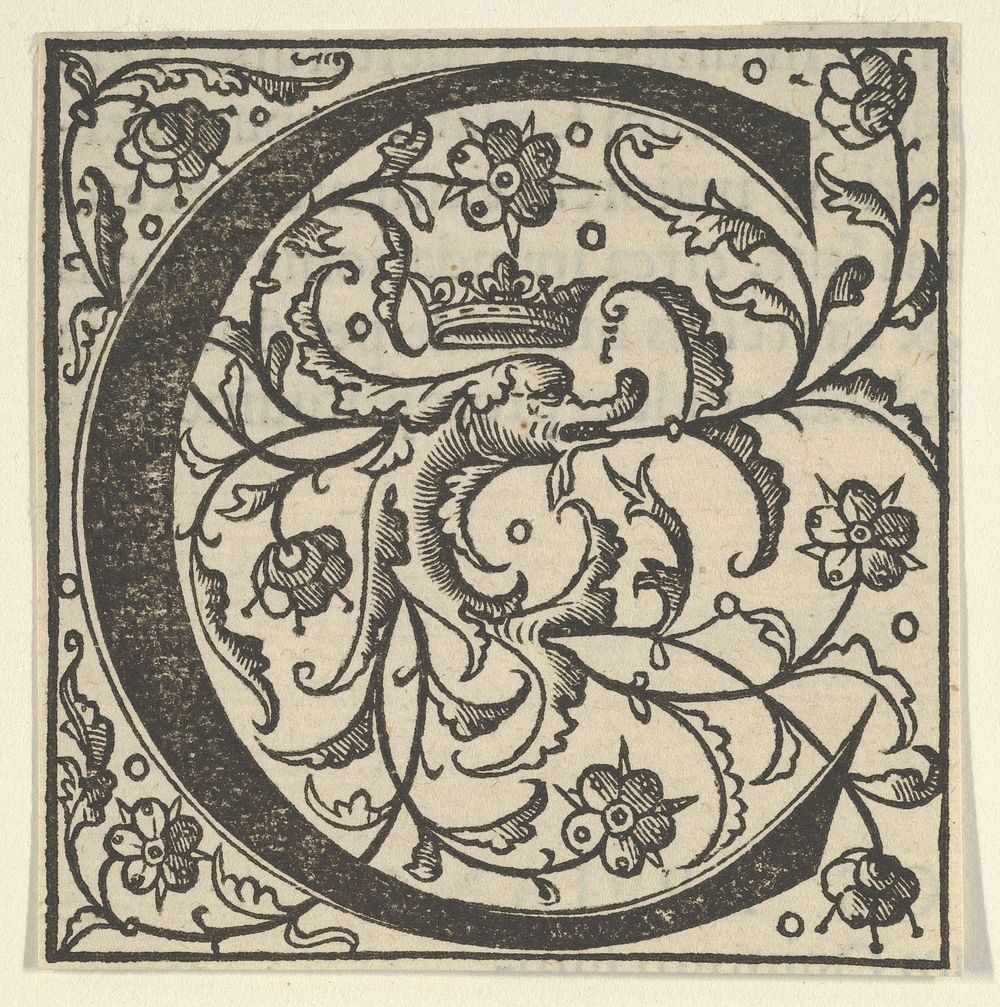 Initial letter C with dolphin and crown