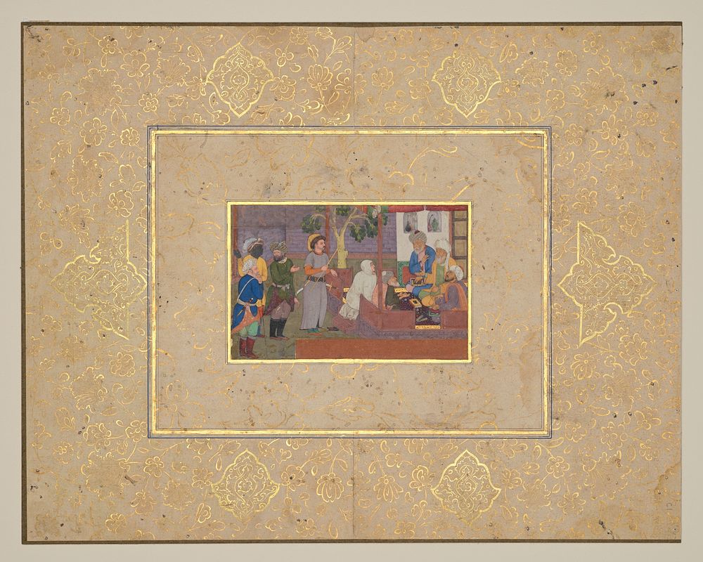 "An Old Man and His Young Wife Before Religious Arbitrators", Folio from a Gulistan of Sa'di