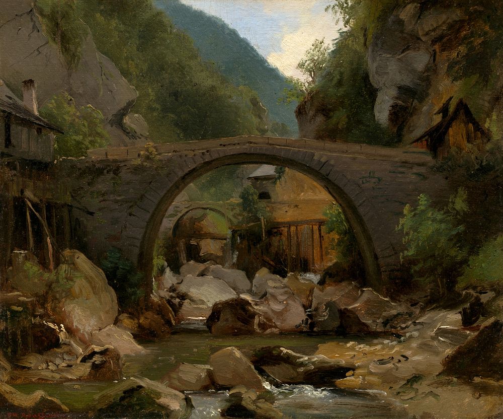 Mountain Stream in the Auvergne (1830) painting in high resolution by Th&eacute;odore Rousseau.  