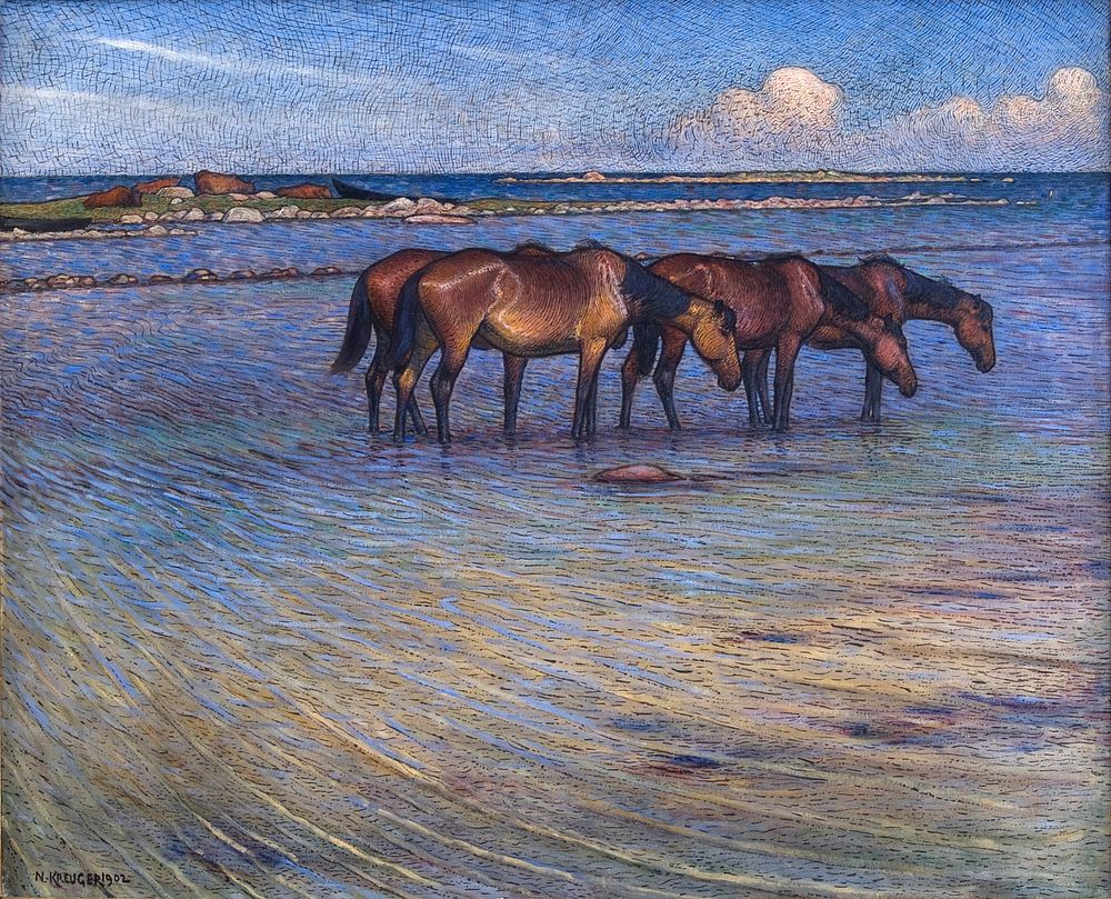 Horses Cooling Themselves in Water (1902) painting in high resolution by Nils Edvard Kreuger. Original from the Thiel…