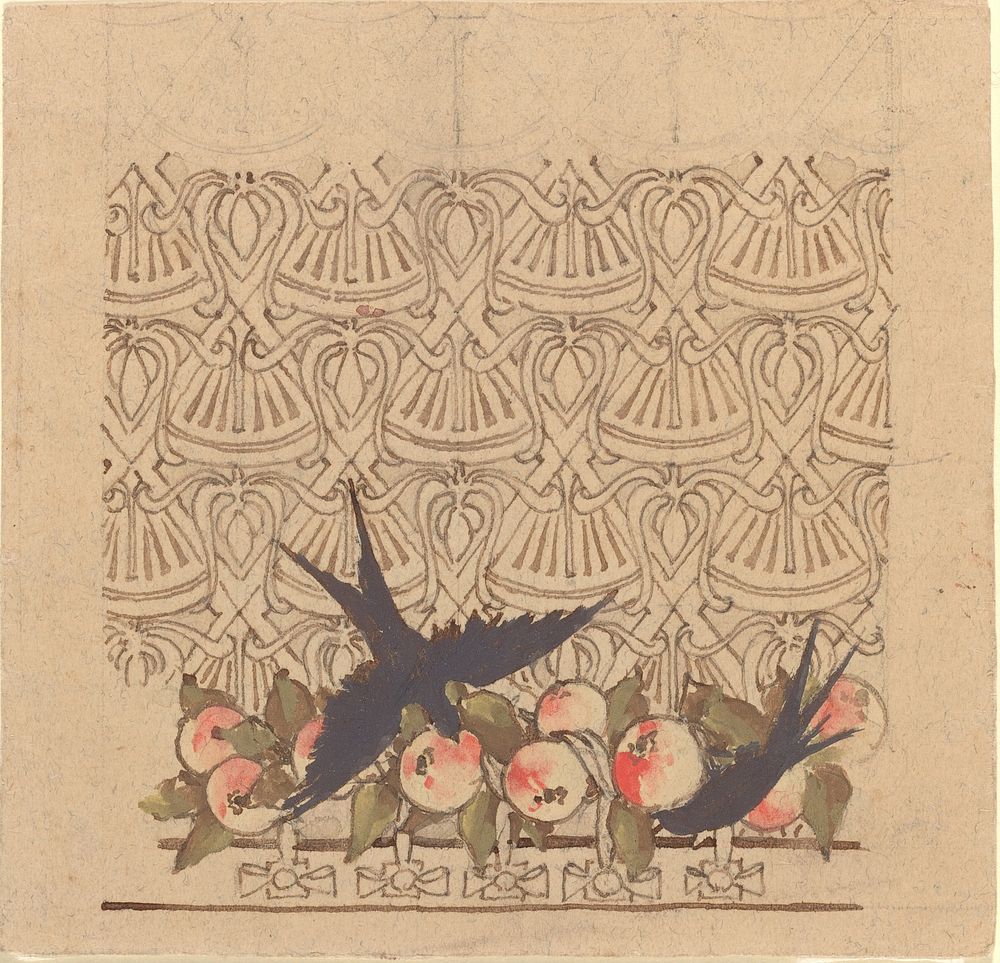 Ornamental design with two birds pecking at fruit (ca.1890) drawing in high resolution by Karel Vitezslav Masek.  