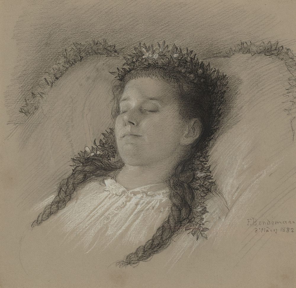 A Girl on Her Deathbed with a Crown of Flowers (1882) drawing in high resolution by William B. O'Neal Fund.  