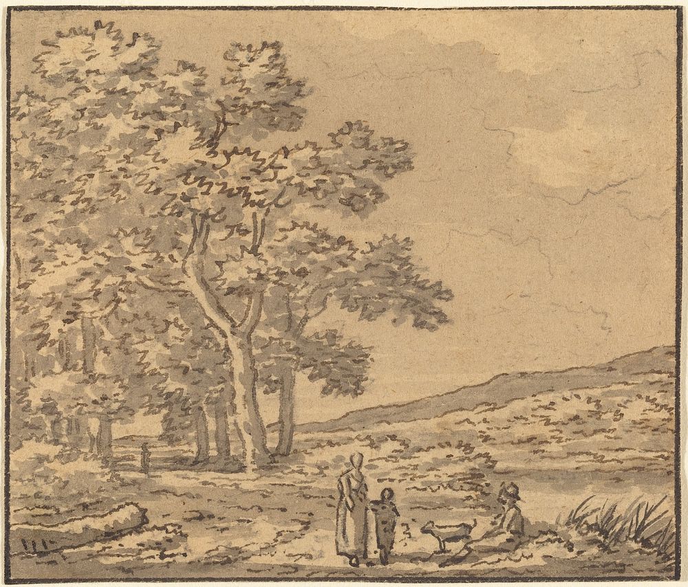 A Landscape with Three Figures and a Dog drawing in high resolution by Th&eacute;odore Rousseau (1812&ndash;1867).  