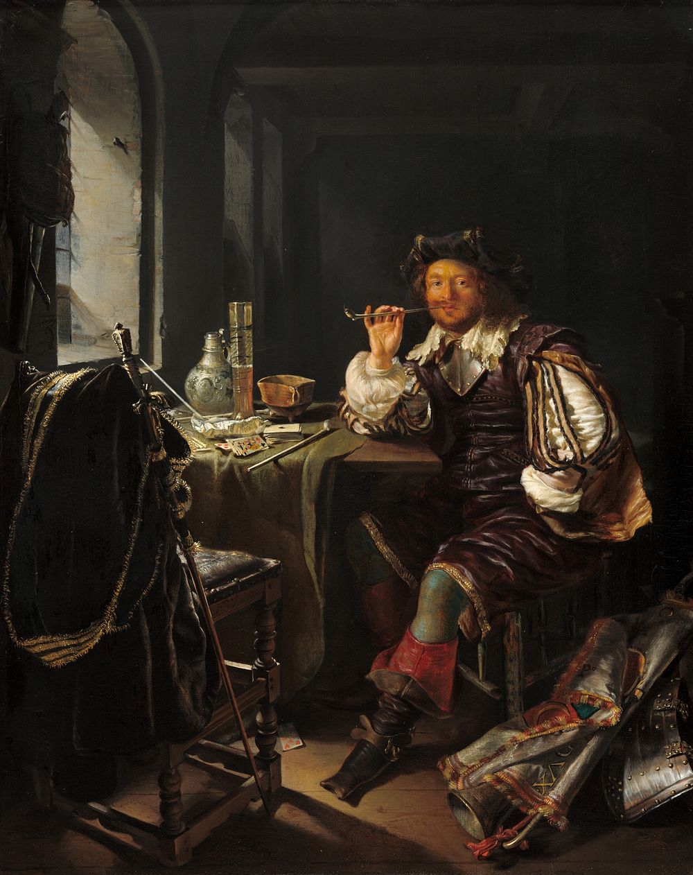 A Soldier Smoking a Pipe (ca. 1657–1658) by Frans van Mieris.  