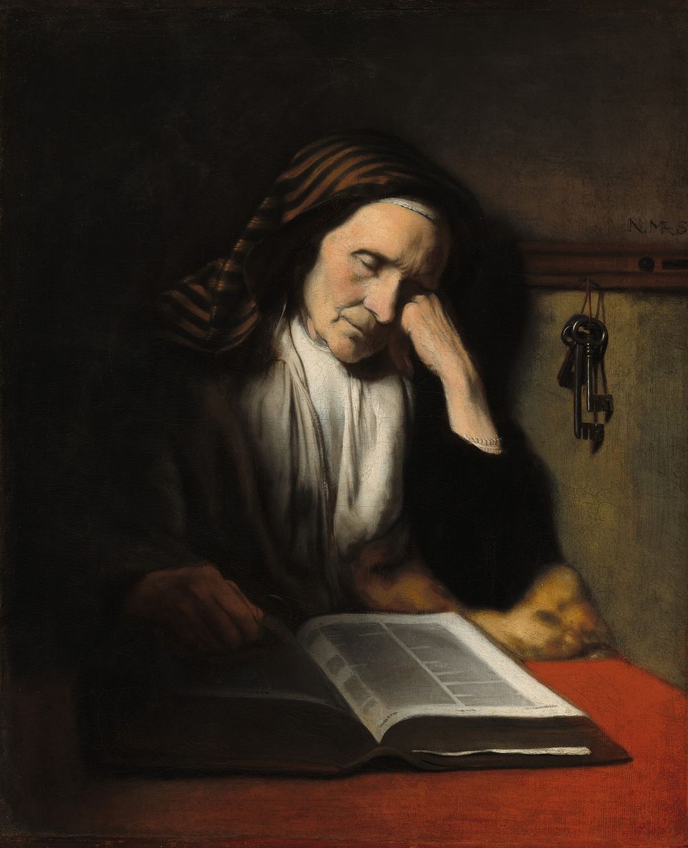 An Old Woman Dozing over a Book (ca. 1655) by Nicolaes Maes.  