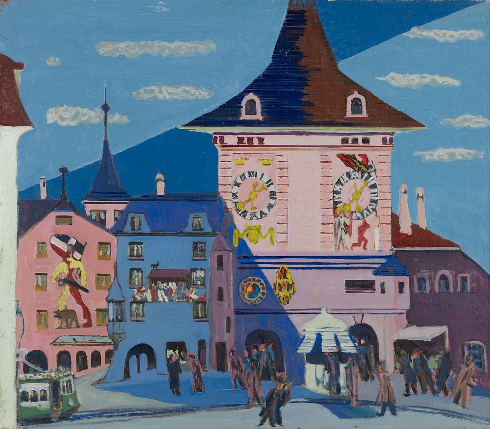 Bern with Belltower (1935) painting in high resolution by Ernst Ludwig Kirchner.  