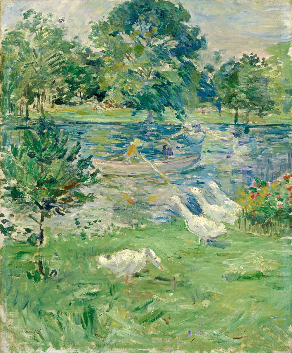 Girl in a Boat with Geese (c. 1889) painting in high resolution by Berthe Morisot.  