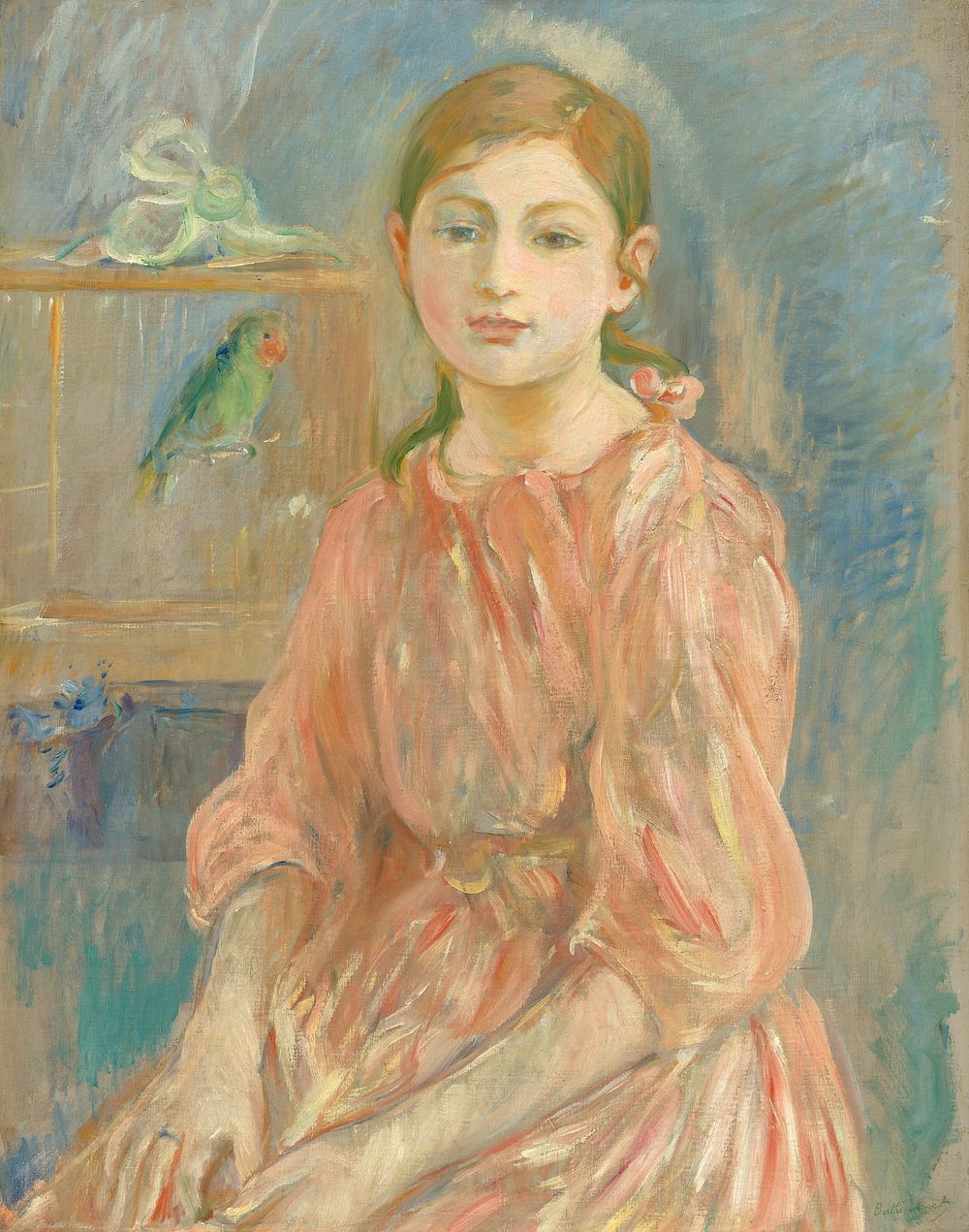 The Artist's Daughter with a Parakeet (1890) painting in high resolution by Berthe Morisot. 