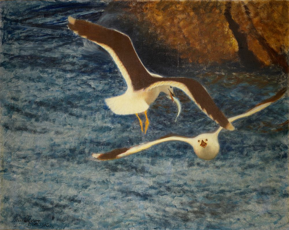 Lesser Black-backed Gulls Flying (1903) painting in high resolution by Bruno Liljefors. Original from The Thiel Gallery. 