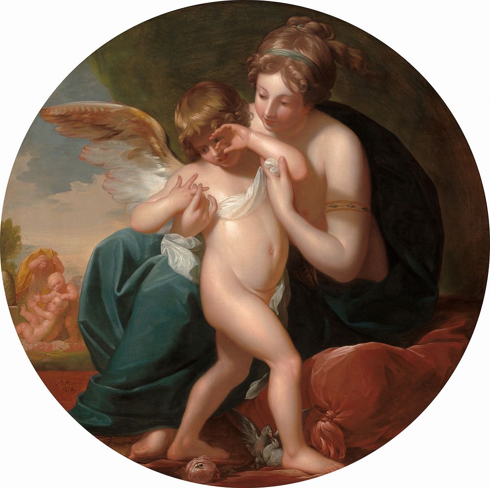 Cupid, Stung by a Bee, Is Cherished by his Mother (1774) by Benjamin West.  