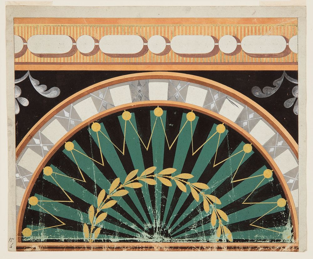 Ornamental design of a laural wreath surrounds a black sun in the half circle (ca.1810) drawing in high resolution.  