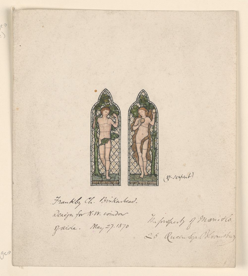 Adam and Eve, Design for Stained Glass Window, Frankby Church, Birkenhead (Cheshire), England (1870) drawing in high…
