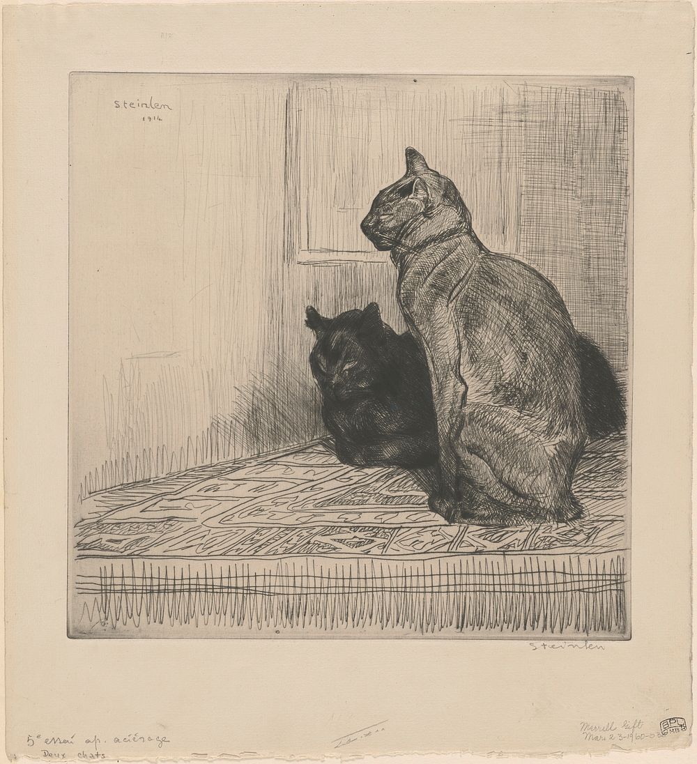 Deux chats sur un meuble (1914) print in high resolution by Th&eacute;ophile Alexandre Steinlen. Original from Boston Public…