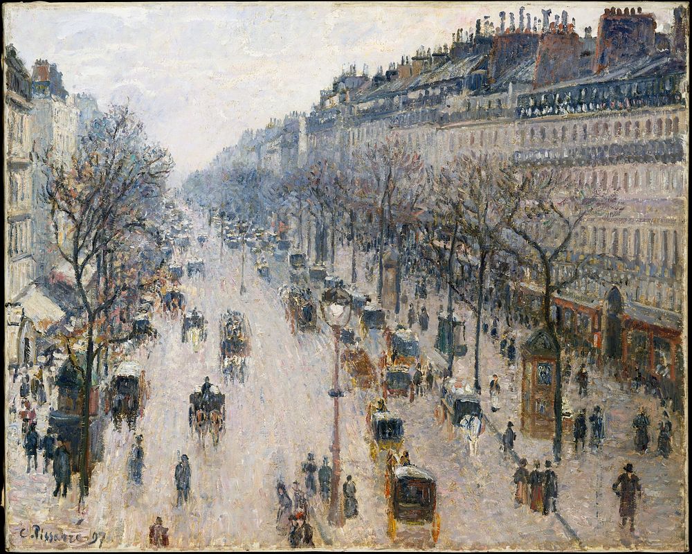 The Boulevard Montmartre on a Winter Morning (1897) by Camille Pissarro. Original from The MET museum. 
