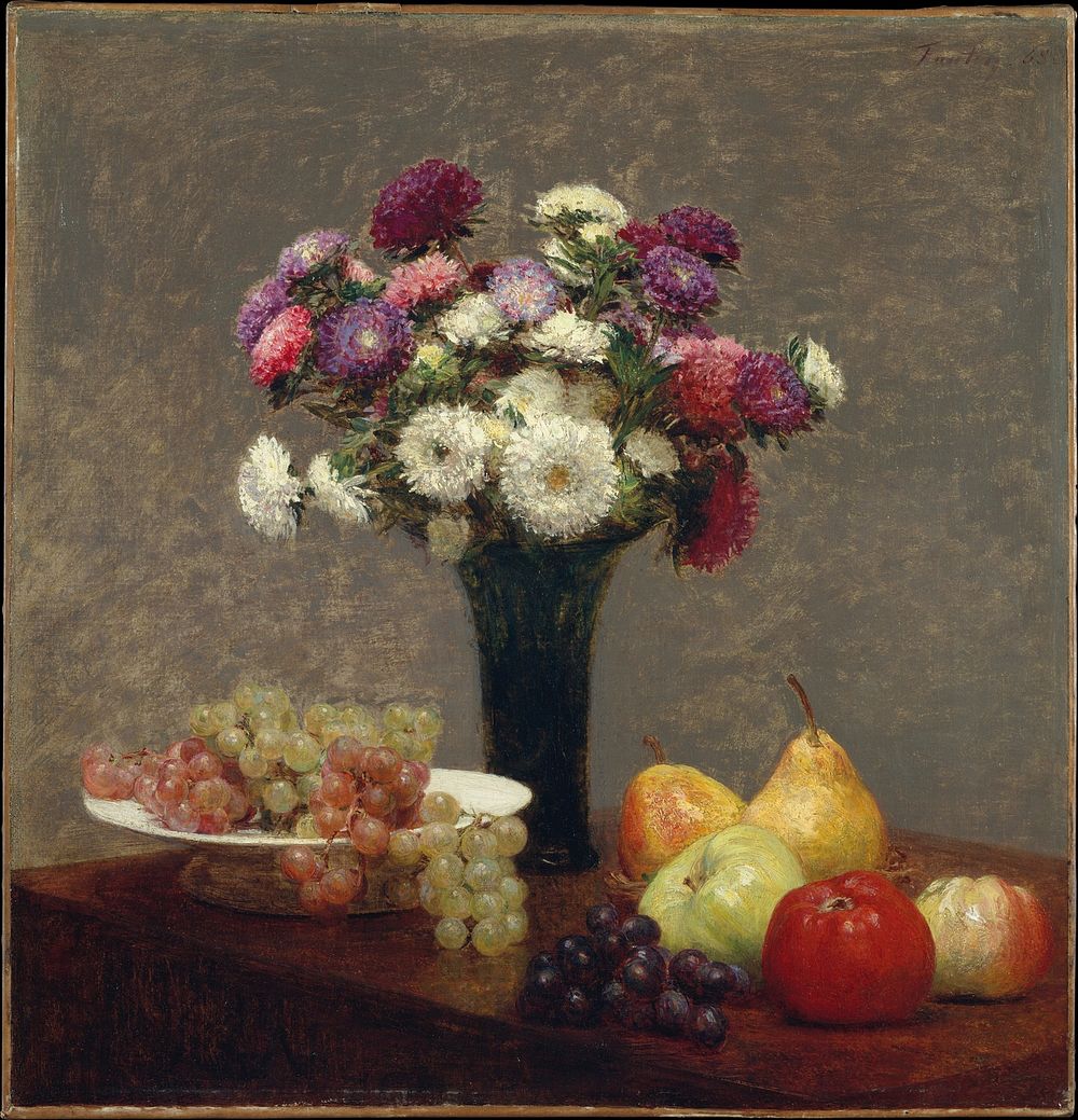 Asters and Fruit on a Table (1868) painting in high resolution by Henri Fantin-Latour.  