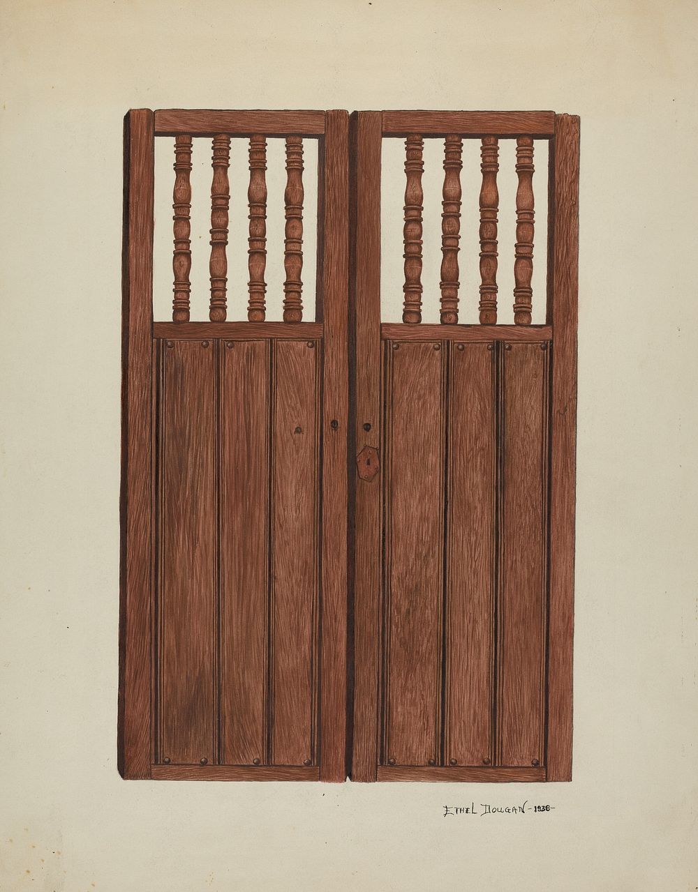 Doors to Baptistry - Mission San Juan Bautista (1938) by Ethel Dougan.  