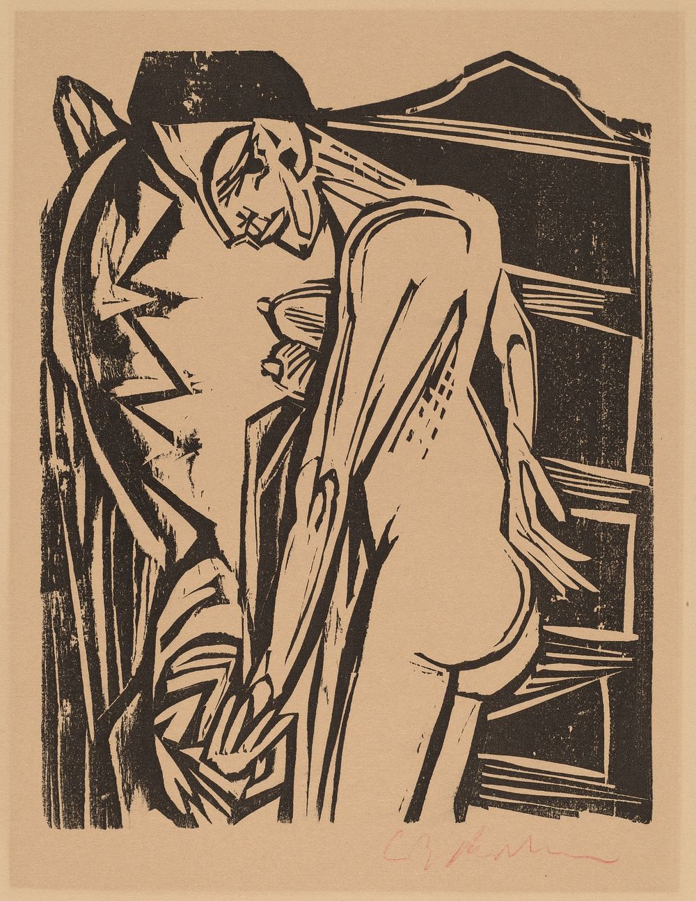 Female Nude Before a Cabinet (1916) print in high resolution by Ernst Ludwig Kirchner.  