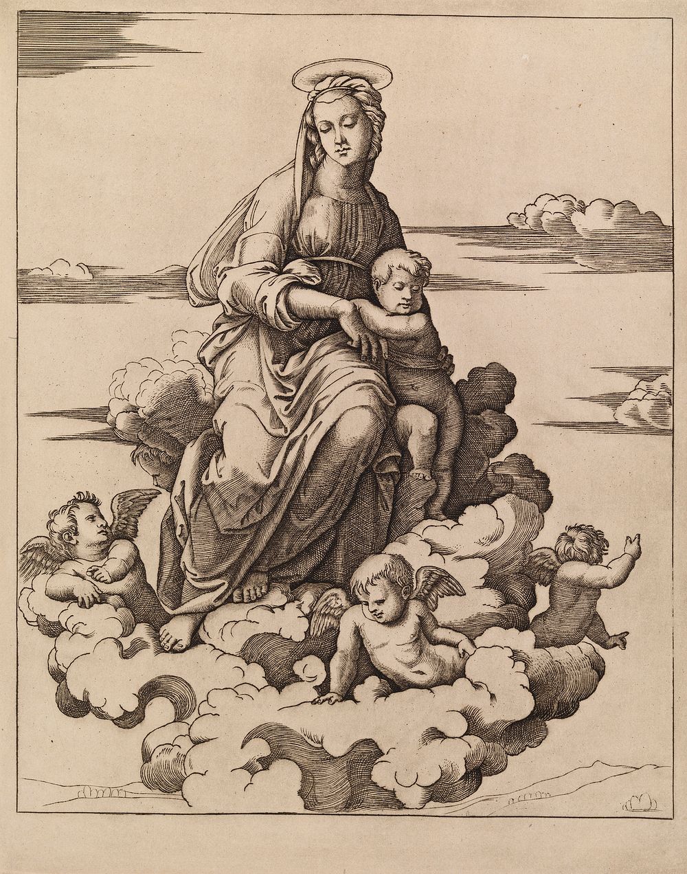 The virgin and child seated on a cloud