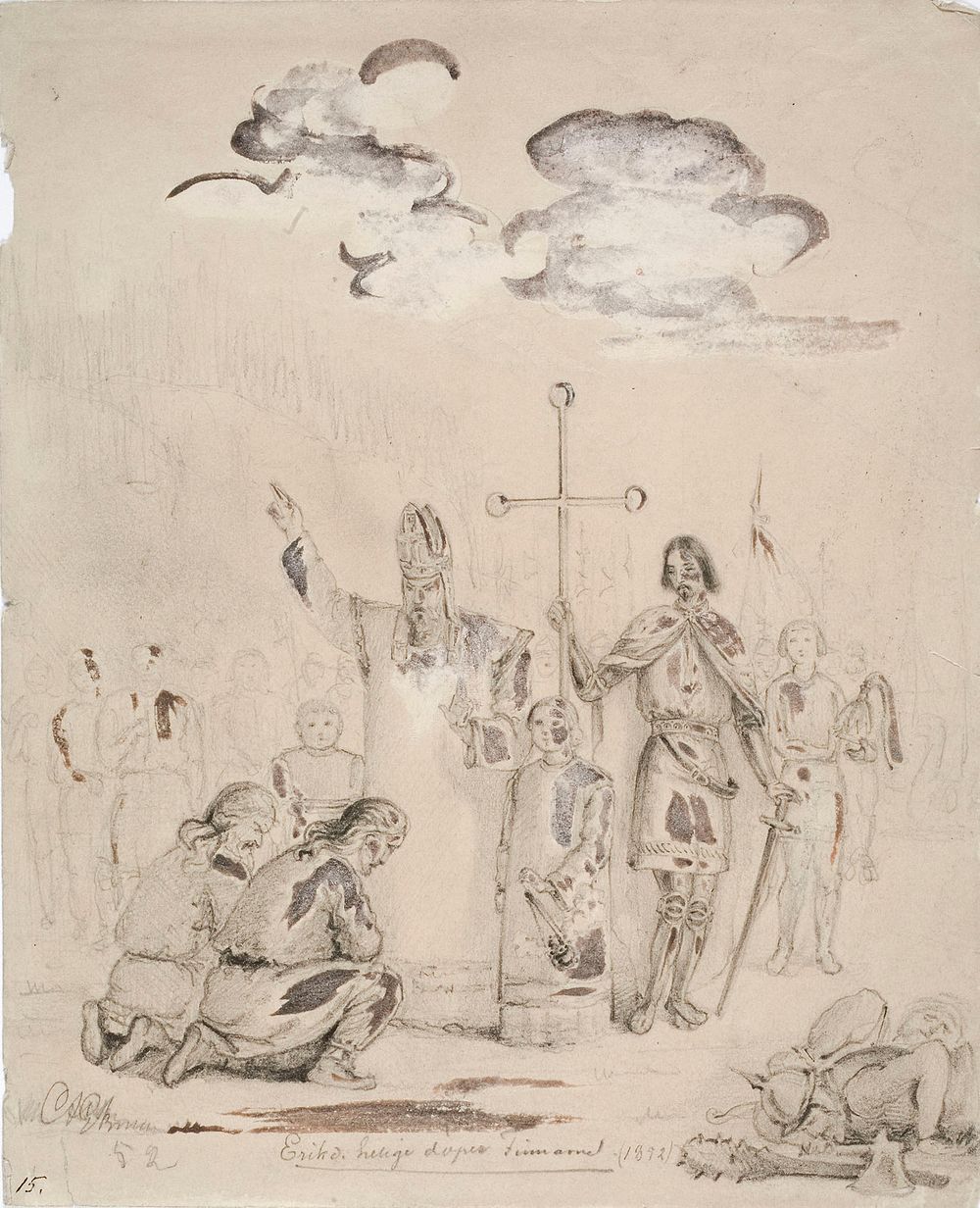 Eerik pyhä kastaa suomalaisia kupittaan lähteellä...., 1852 by Anders Ekman