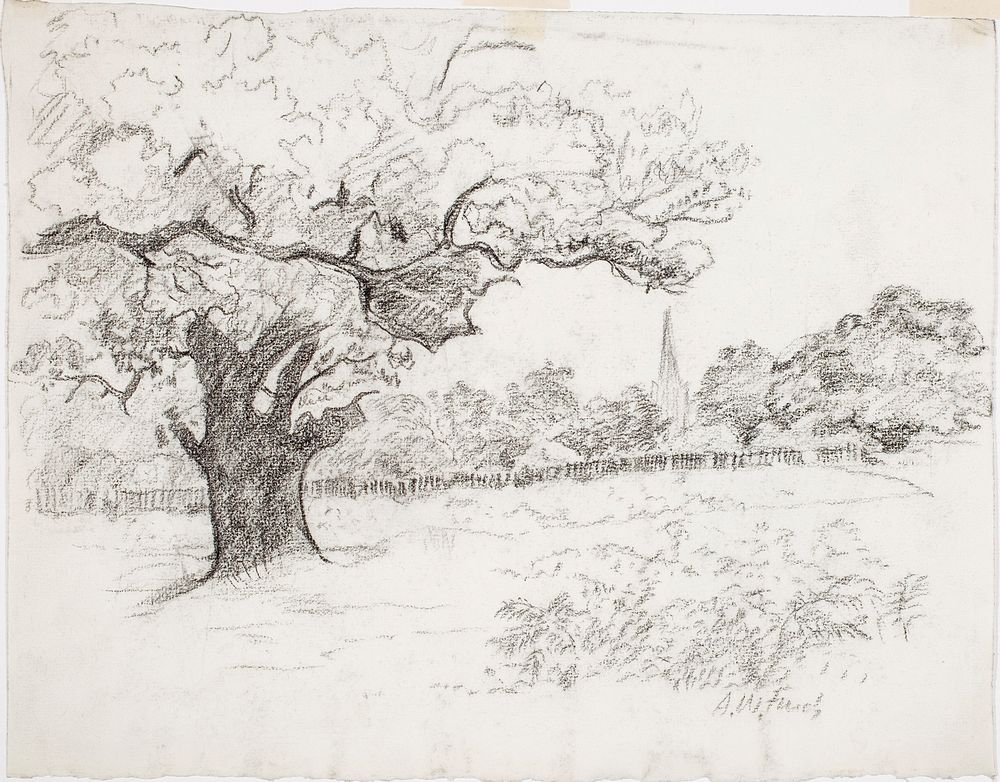 Landskap med stort träd i förgrunden t.v. och kyrktorn by Alfred William Finch