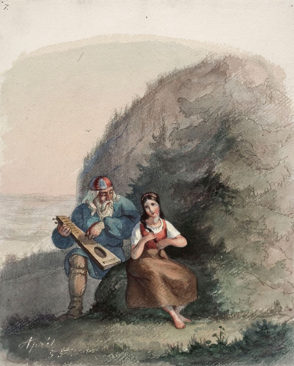 Väinämöinen stringing his kantele, 1855 by Anders Ekman