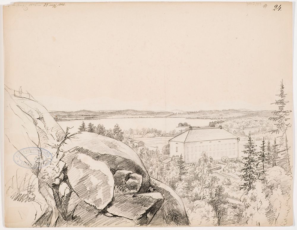 Hakoisten kartano janakkalassa hakoisten linnavuorelta nähtynä, 1846 by Magnus von Wright