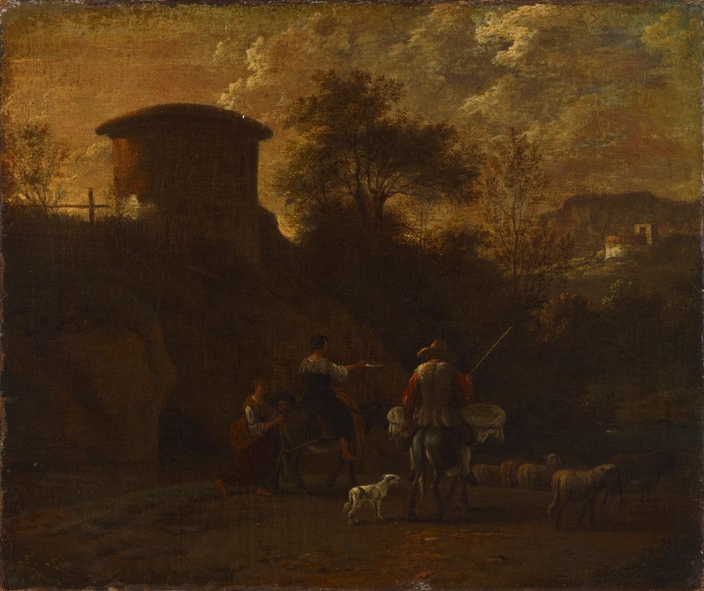 Landscape with ruins and a family herding cattle, 1500 - 1899