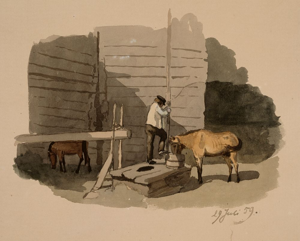 Frithjof federley juottaa kaivolla hevostaan, 1859