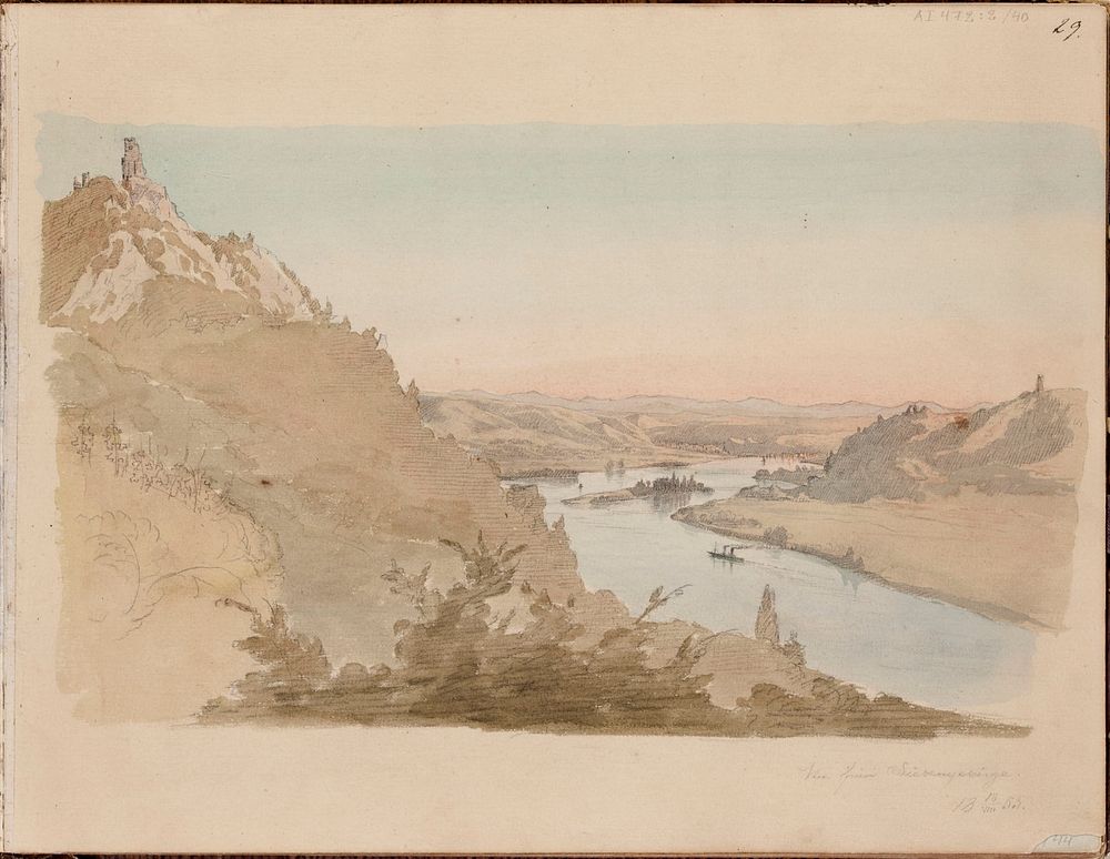 Näkymä siebengebirge-vuoristossa, 1855, lyijykynä ja vesiväri, 1853part of a sketchbook