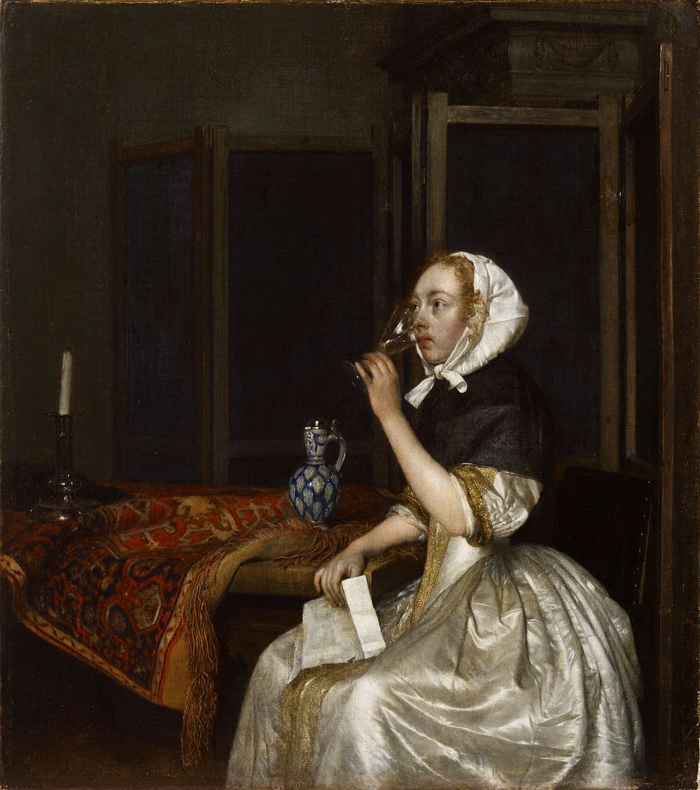 Young woman with a glass of wine, holding a letter in her hand, 1665
