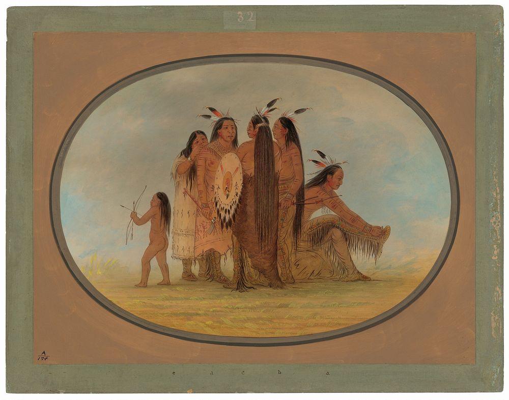 Four Mandan Warriors, a Girl, and a Boy (1861-1869) painting in high resolution by George Catlin.  