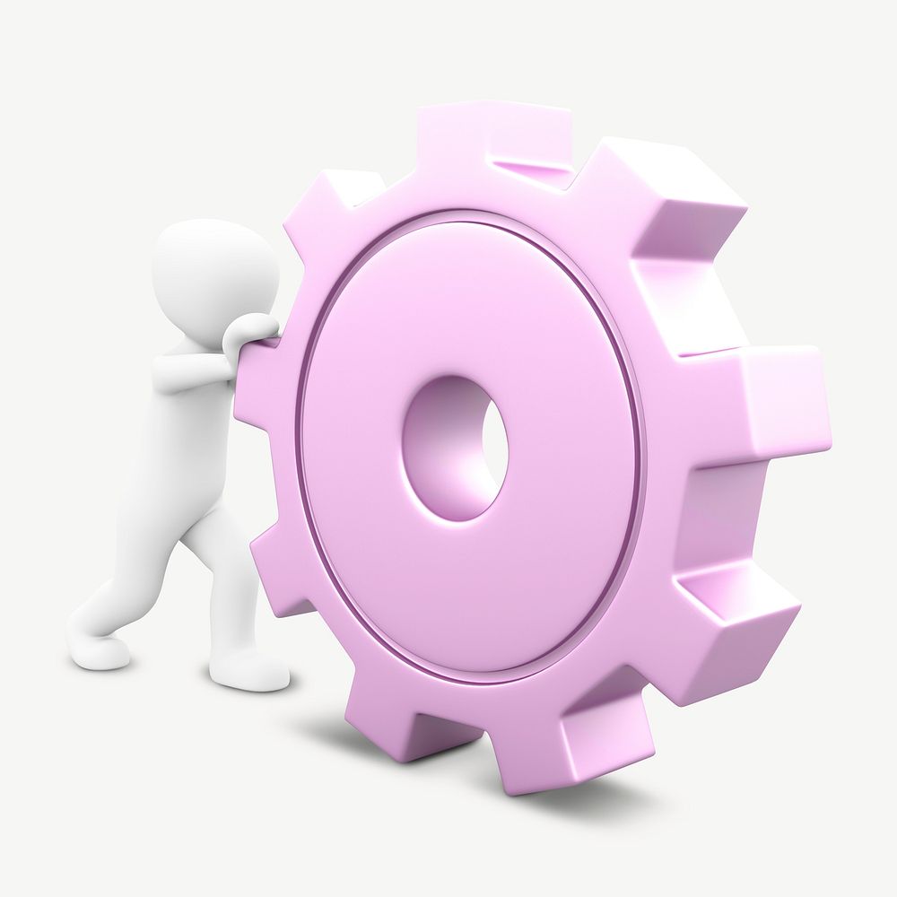 3D figure pushing gear collage element psd